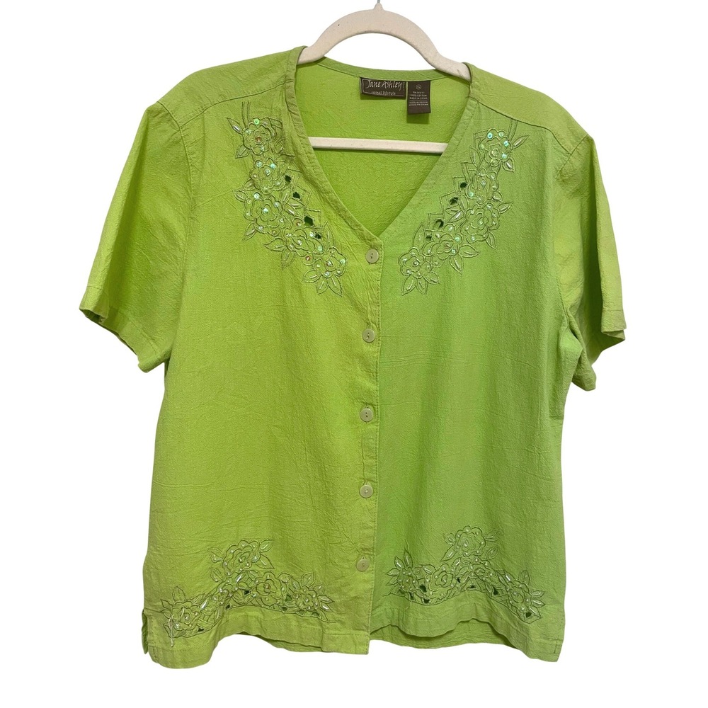 Lime Green Cotton Blouse Y2K Embellished‎ Beads and Sequins XL Short Sleeve